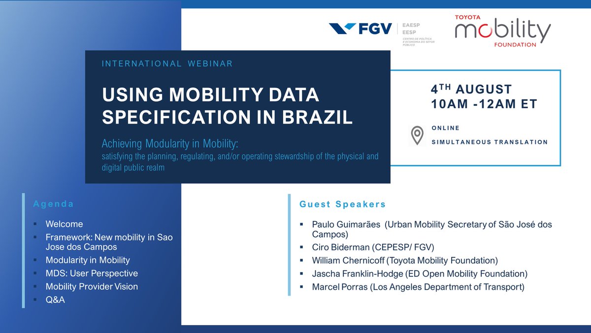 WmChernicoff's tweet photo. Upcoming free online event https://t.co/YOPfyt5Z3C with our partners  FGV @cepesp on how to share data from mobility services to improve and integrate planning and operation of public and private mobility.  Day 8/4, at 10 am ET. @ToyotaMobFdn ) @OpenMobilityFnd https://t.co/1qlMZKFqsB