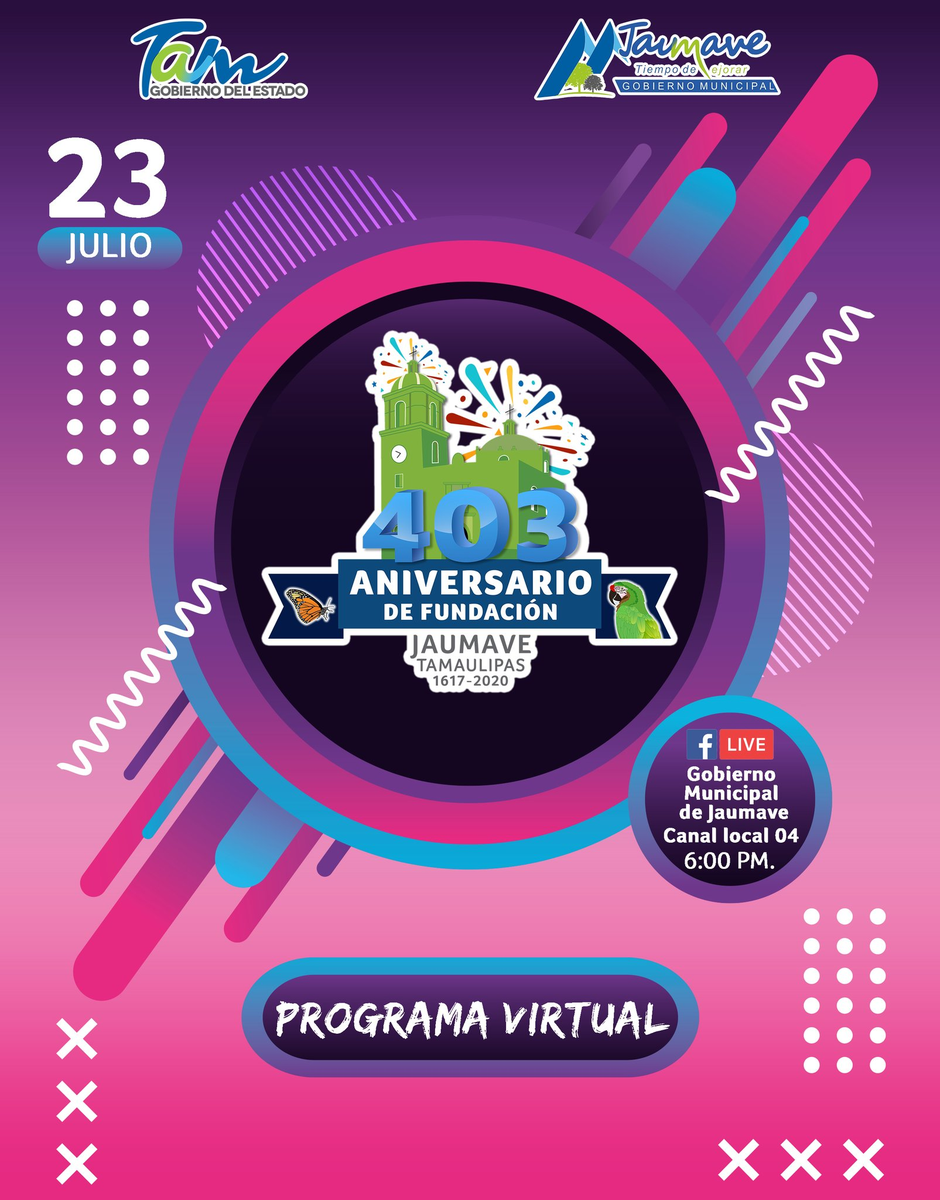 AngelRios_mx's tweet photo. El @gobjau Invita:
Hoy #23dejulio a disfrutar del Programa virtual en el marco del #403Aniversario de la Fundación de #Jaumave, #Tamaulipas, desde la comodidad de tu casa a través de Facebook Live.¡No te lo pierdas!#TiempoDeMejorarCorazón💙🌳 #GobTam #GobJau
#CdVictoria #Tampico https://t.co/RQj45ptxLw