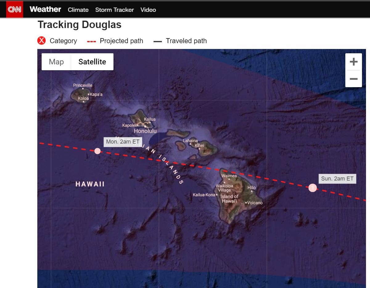 Douglas has rapidly intensified into a Category 3 hurricane on Thursday with wind speeds of 120 mph.
"The Hawaiian Islands should monitor the progress of Douglas," the National Hurricane Center (NHC) said.
The storm is over 1,000 miles east-southeast of #Hilo, #Hawaii,
