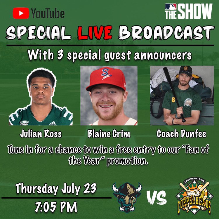 Copperheads's tweet photo. It’s game day! Cheads take on the Ohio Bisons tonight. Tune in to our YouTube channel tonight at 7:05 pm. #CheadsUp 🐍⚾️ Watch for our specials guests too! https://t.co/f6OalY0Bci