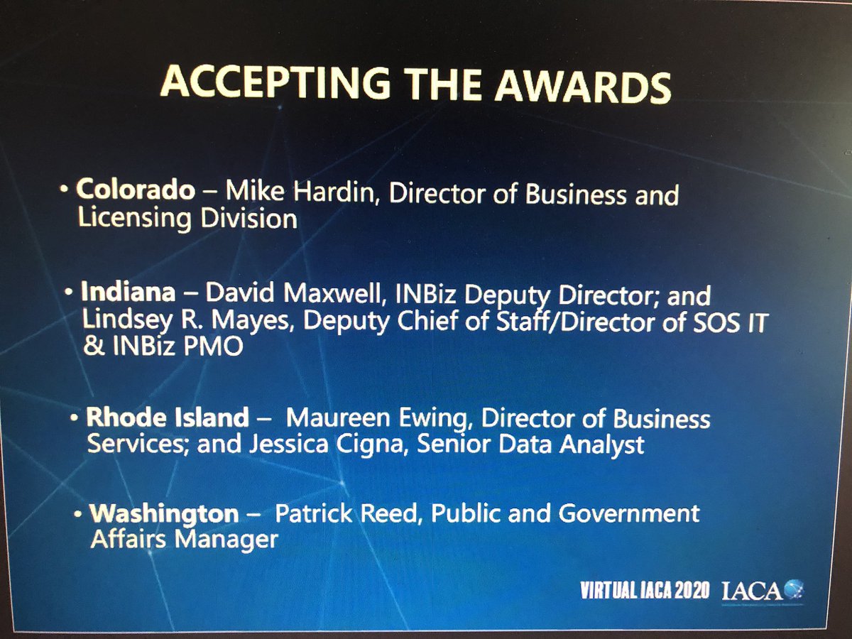 Congratulations to the 2020 IACA Merit Award Winners! Thank you for sponsoring <a href="/FICOSO/">First Corporate Solutions</a>! <a href="/COSecofState/">Colorado Secretary of State's Office</a> <a href="/IndianaSOS/">Indiana SOS</a> <a href="/RISecState/">RI Department of State | Secretary Gregg M. Amore</a> <a href="/secstatewa/">Washington Office of the Secretary of State</a>