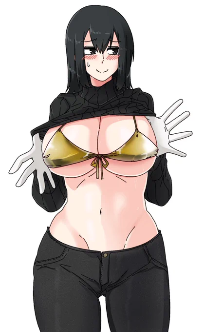 黒の縦セタに金ビキニって…。
性癖ハッピーセットって感じでありますな。 