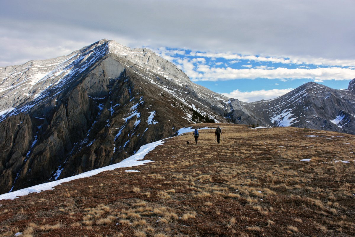 Two people and a dog walk along a grassy mountain ridge.
