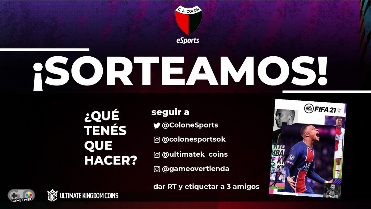 ColonEsports's tweet photo. #eSports 🎮 // #FIFA21

¿Querés ganarte un FIFA 21?

Siguiendo los pasos estas participando 🔥

Se sortea el 20/9 en vivo de instagram entre las cuentas de Game Over y Ultimate Kingdom Coins.

Mucha suerte a todos 🔴⚫ https://t.co/UMThDNpGba