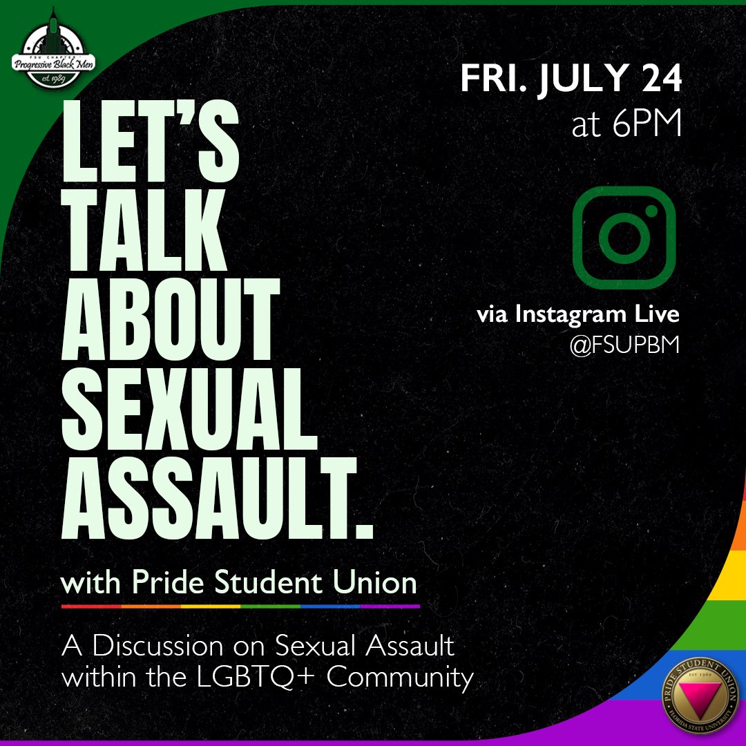 FSUPBM89's tweet photo. @fsupbm will being going live with the Pride Student Union on Friday, July 24, 2020. 
———
This live will act as a safe space to discuss how sexual assault affects the LGBTQ+ community. 
——-
Tune in for a educational conversation with the Assistant Director of @pridefsu ! https://t.co/LHhymjdvgp