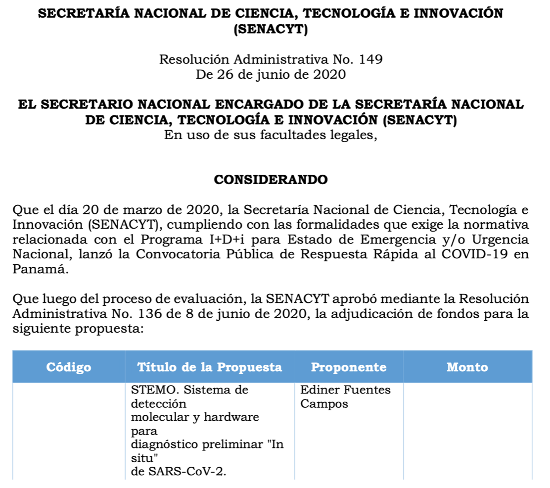 EdinerFuentes's tweet photo. Gracias al respaldo de @senacyt con fondos desde el @el_BID y su Convocatoria Rápida a COVID-19 obtuvimos Financiamiento No-Reembolsable para hacer posible @stemohsb y fuimos uno de las 32 Propuestas Seleccionadas!

No se imaginan la emoción de todos nosotros 😭😭 https://t.co/21uegW1GvF