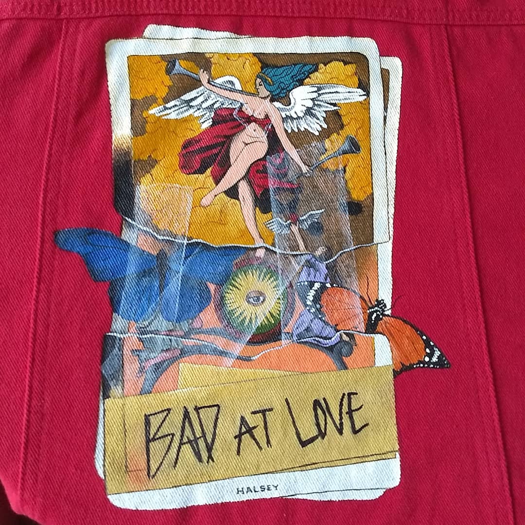 JavierPerezSad1's tweet photo. Chamarra personalizada, pintada a mano. Pide tu diseño favorito!!! #handpainted #Halsey #halseymusic #halseyfan #handcustomized https://t.co/ucB1XD1qrT