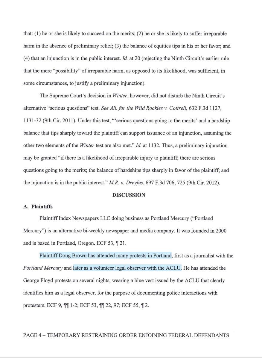 To help you navigate this evening’s TRO - this subthread of various declarations helpfulIn sum the Court found the Federal Defendants arguments (which I previously noted) unavailing That the Feds were purposefully targeting the media & did so repeatedly https://twitter.com/File411/status/1285782183781830656?s=20