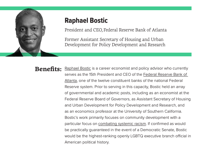 For the position of SBA Administrator, Data for Progress recommends Rep. and former small businessman  @MarkPocan, pro-coop Jackson Mayor  @ChokweALumumba, Federal Reserve of Atlanta president  @RaphaelBostic, and former NEC advisor and community development expert  @SameeraFazili.