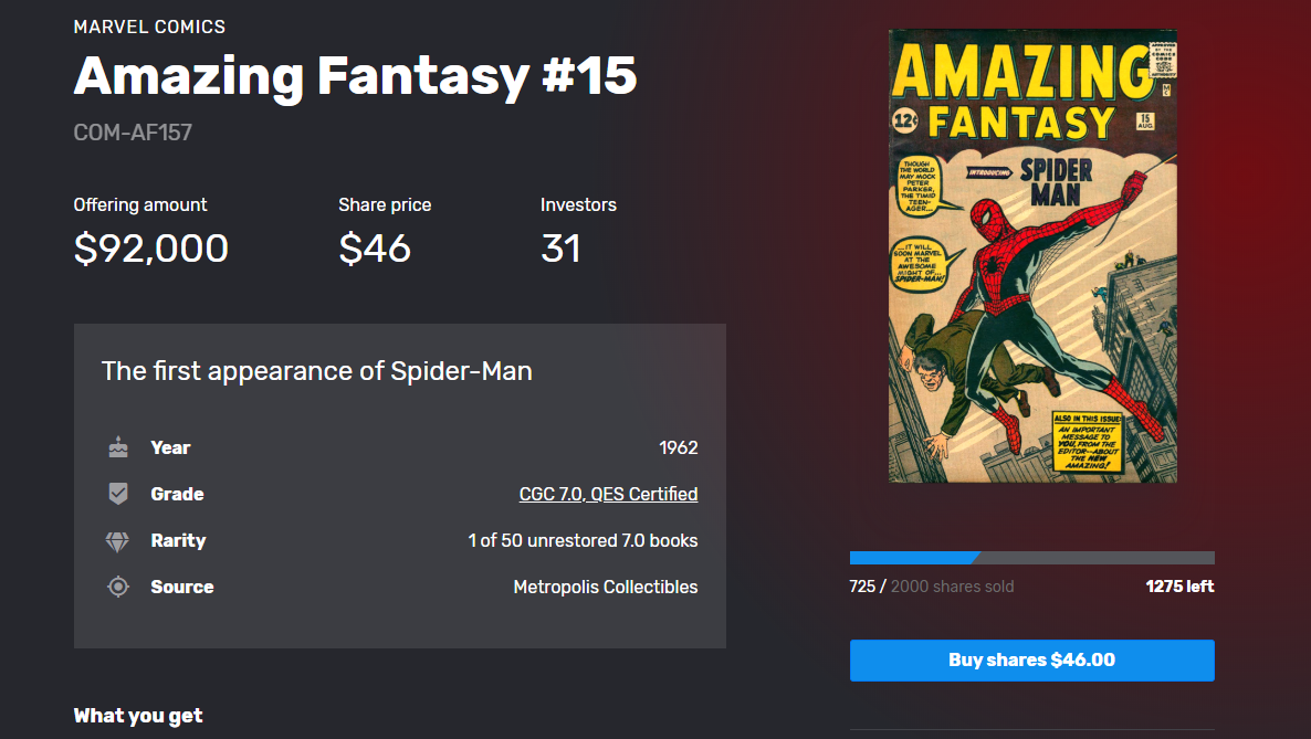 MythicMarkets's tweet photo. An *amazing* launch day for #AF157 - already, over 35% of shares available have been grabbed up by eager #comics fans and collectors! #SpiderMan's debut appearance is one of the most valuable comics ever, along with those of Superman and Batman.
Buy yours: https://t.co/GMKHzvV1Vb https://t.co/YgjdpyGXXN