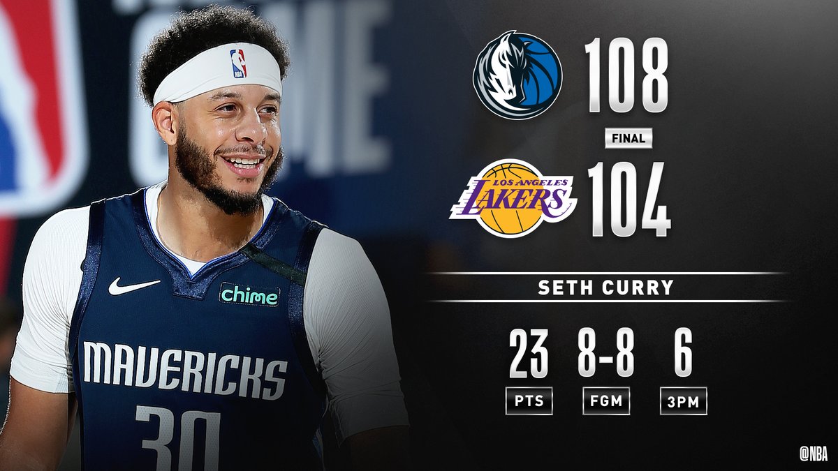 NBA's tweet photo. Seth Curry's 23 PTS (8-8 FGM), 6 3PM push the @dallasmavs past LAL in their first scrimmage! #MFFL #WholeNewGame 

Boban Marjanovic: 17 PTS, 13 REB
Luka Doncic: 14 PTS, 6 AST https://t.co/fgAJfyONJS
