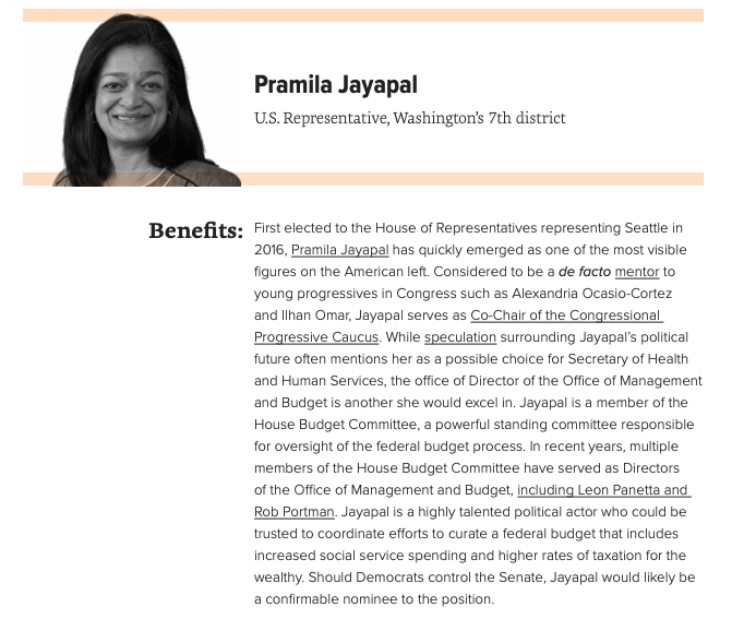 For the position of OMB Director, we recommend progressive House Budget Committee members  @RepJayapal,  @JanSchakowsky, and  @RepBarbaraLee as well as  @EconomicPolicy's brilliant  @joshbivens_DC and Gov.  @JayInslee, who would bring a focus on climate policy to the role.