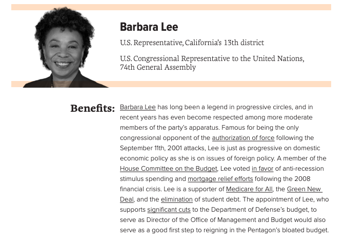 For the position of OMB Director, we recommend progressive House Budget Committee members  @RepJayapal,  @JanSchakowsky, and  @RepBarbaraLee as well as  @EconomicPolicy's brilliant  @joshbivens_DC and Gov.  @JayInslee, who would bring a focus on climate policy to the role.