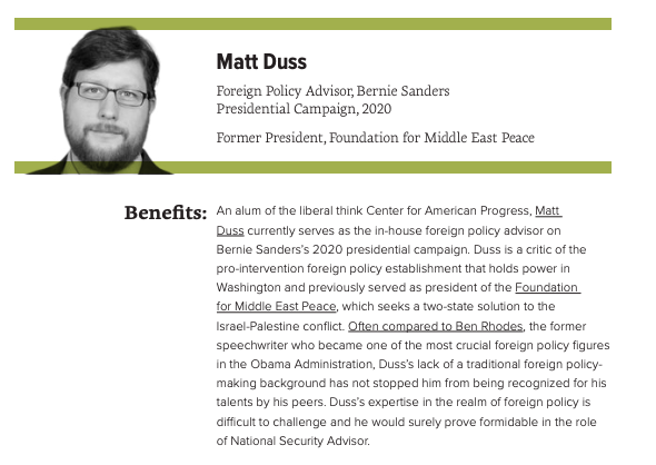 For the position of National Security Advisor, we recommend former W.H. Coordinator for the Middle East  @Rob_Malley, ex-  @FMEP President  @MattDuss, ex-Deputy Chief of Staff to the Sec. of Defense  @SashaNBaker, and former Sr. Advisor to the National Security Advisor  @LorenRaeDeJ.