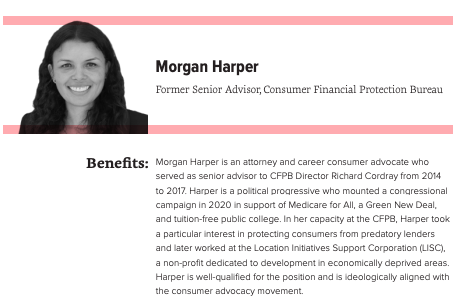 For the position of CFPB Director, Data for Progress recommends FTC Commissioner/CFPB alum  @ChopraFTC , former CFPB Senior Advisor  @MH4OH, Rep. and former law professor  @KatiePorterOC, ex-CFPB Senior Counsel  @DeepakGuptalaw, and former SEC Commissioner Kara Stein.