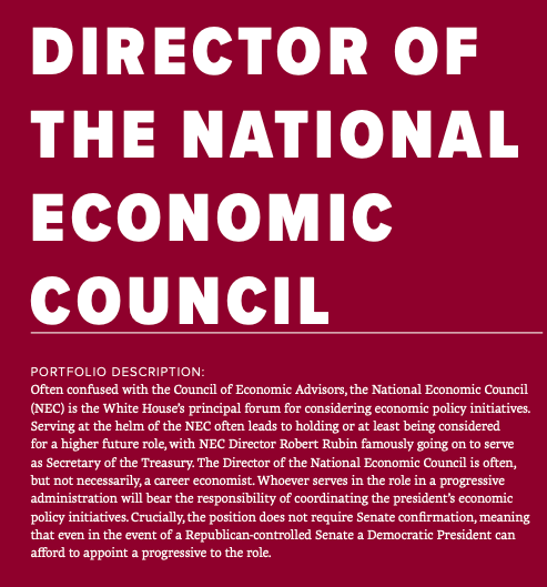 The National Economic Council serves as the White House's principal forum for consideration of economic policy proposals. We need a progress at the helm of the forum supportive of deficit spending to guarantee a fair-recovery post-COVID.