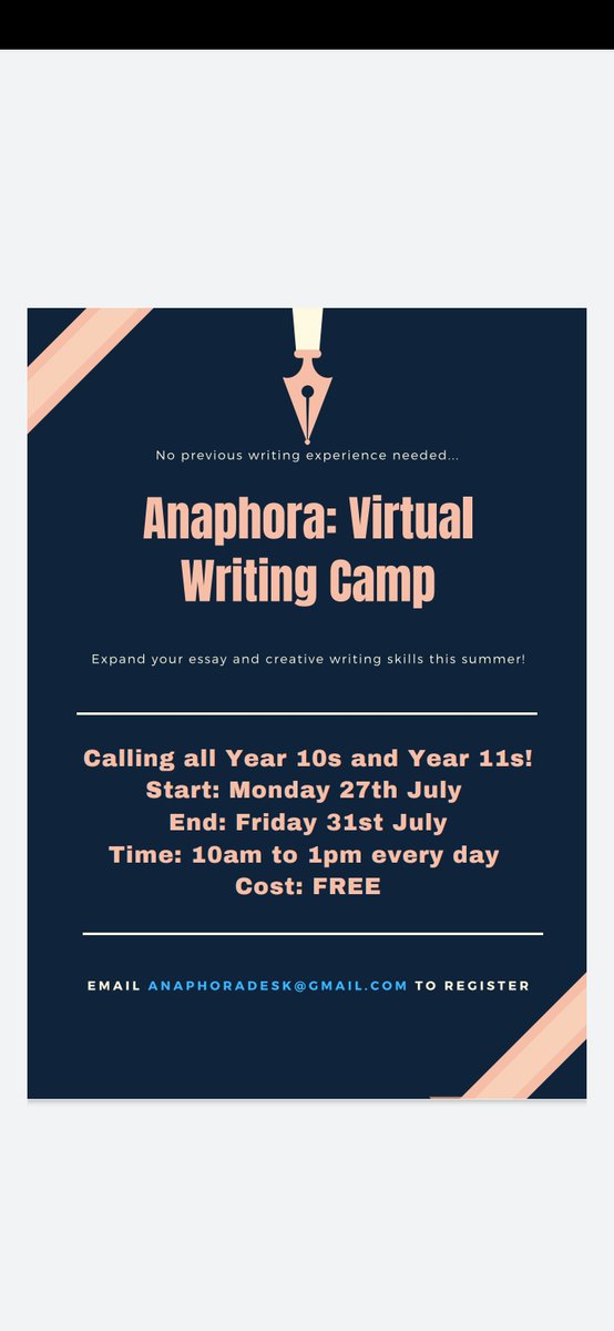 Ana82087858's tweet image. haha I feel the pain. My and my 7 followers will try to help.

Plus... GUYS. Free virtual writing camp for 14-16 year olds in any country. Feel free to email below or dm for more info.

(The pain of advertising with little followers amiright?)
