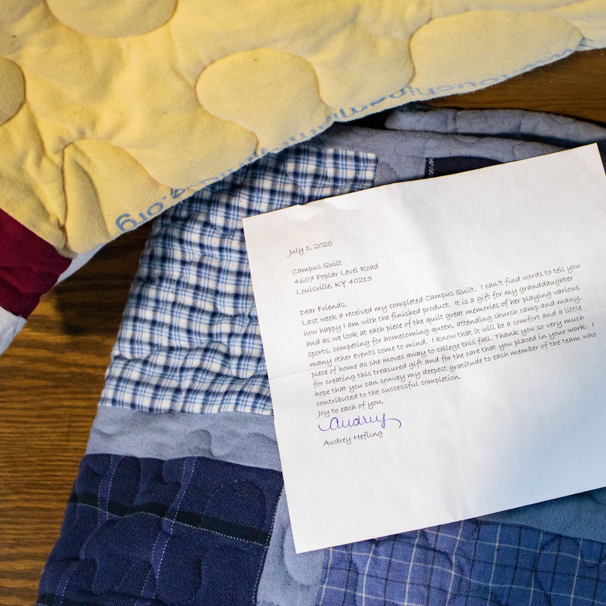 CampusQuilt's tweet photo. We are thankful everyday for our customers support, especially in the midst of a pandemic. It brought a smile to all our faces to receive this note in the mail. It is truly a joy for everyone at Campus Quilt to play a part in helping create these special gifts. 

#campusquiltco https://t.co/XgJOJwsHfz