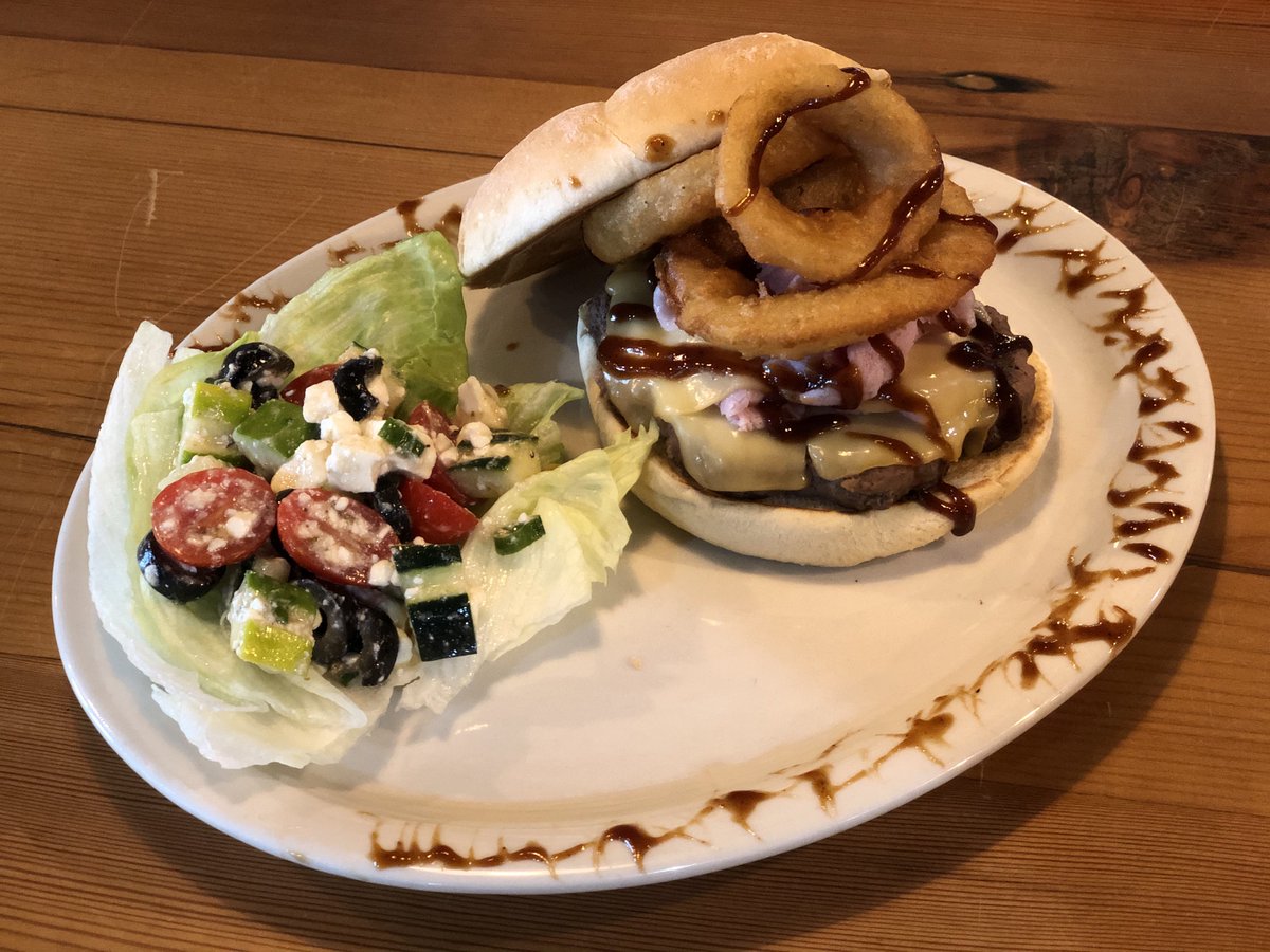 RiverWatch_Golf's tweet photo. Lunch Special for Friday!!!...
Montana Burger  sliced ham, smoked Gouda cheese, dressed with BBQ sauce, and finished with onion rings.  Served with Mediterranean Feta, cucumber salad. https://t.co/ew9MXvSbRz