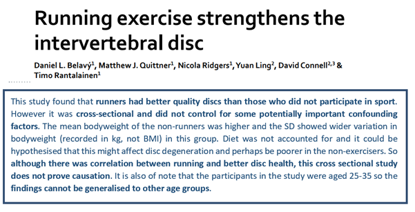 The same main author went on to publish paper suggesting that running might improve disc health (Belavy et al., 2017). However, the study was cross sectional, on young people & I don't think proves causation (as described below, IMO). Interesting study nonetheless.