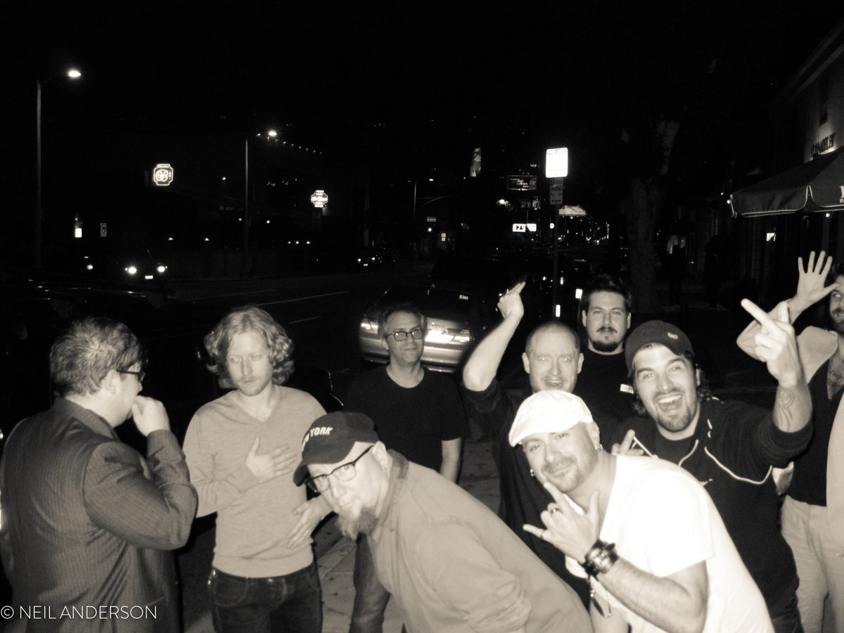 tourmanagerneil's tweet photo. Some of the Only Revs recording team... GGGarth, Dave Schiffman, Wes Seidman, Ben Kaplan, Nick. the outdoor shot was after the dinner we had after the record was finished, somewhere on LaBrea in Los Angeles. #TimsTwitterListeningParty https://t.co/QVXHe8xlQQ