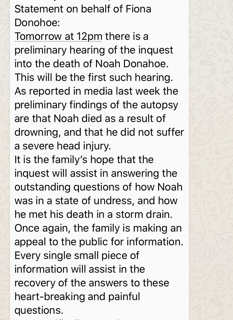 AllisonMorris1's tweet photo. Statement on behalf of Fiona Donohoe, mother of Noah Donohoe ahead of tomorrow’s preliminary inquest. https://t.co/ENJSWutCbZ