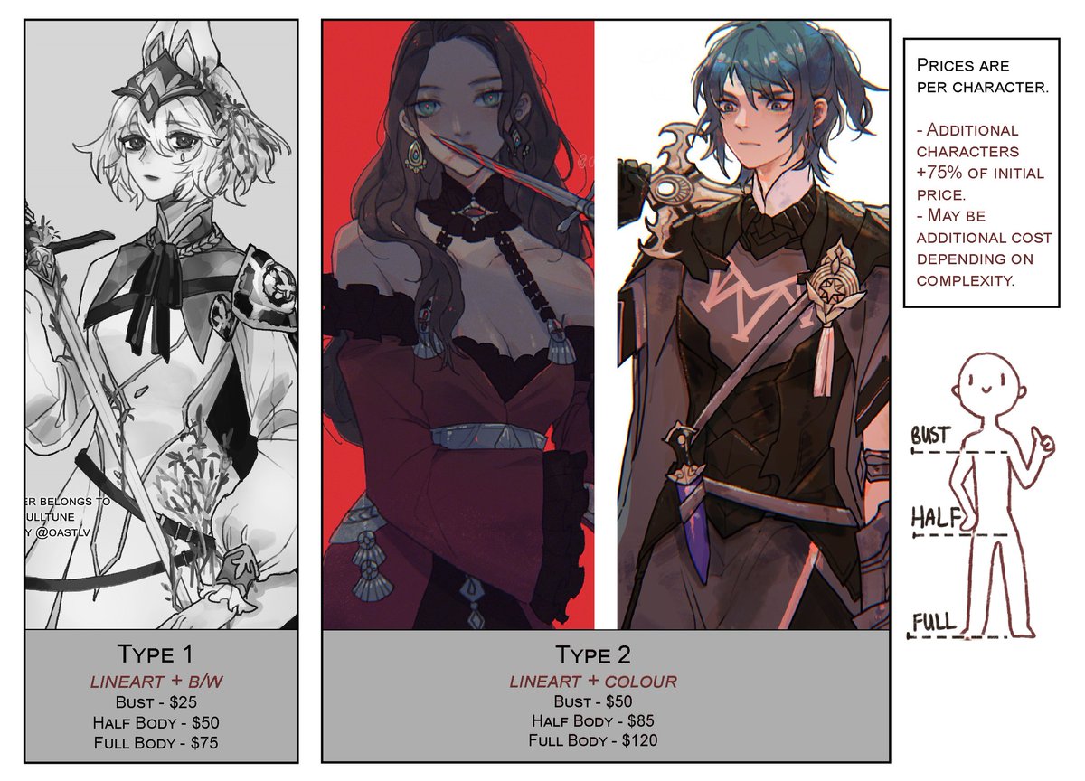 ✨ COMMISSIONS OPEN! ✨
[RTs ♥]

hey all!! I'm opening commissions again, please check them out! ?
- samples are guidelines, im flexible with requests! 
- around 4-5 slots

please dm/email me if you're interested! 