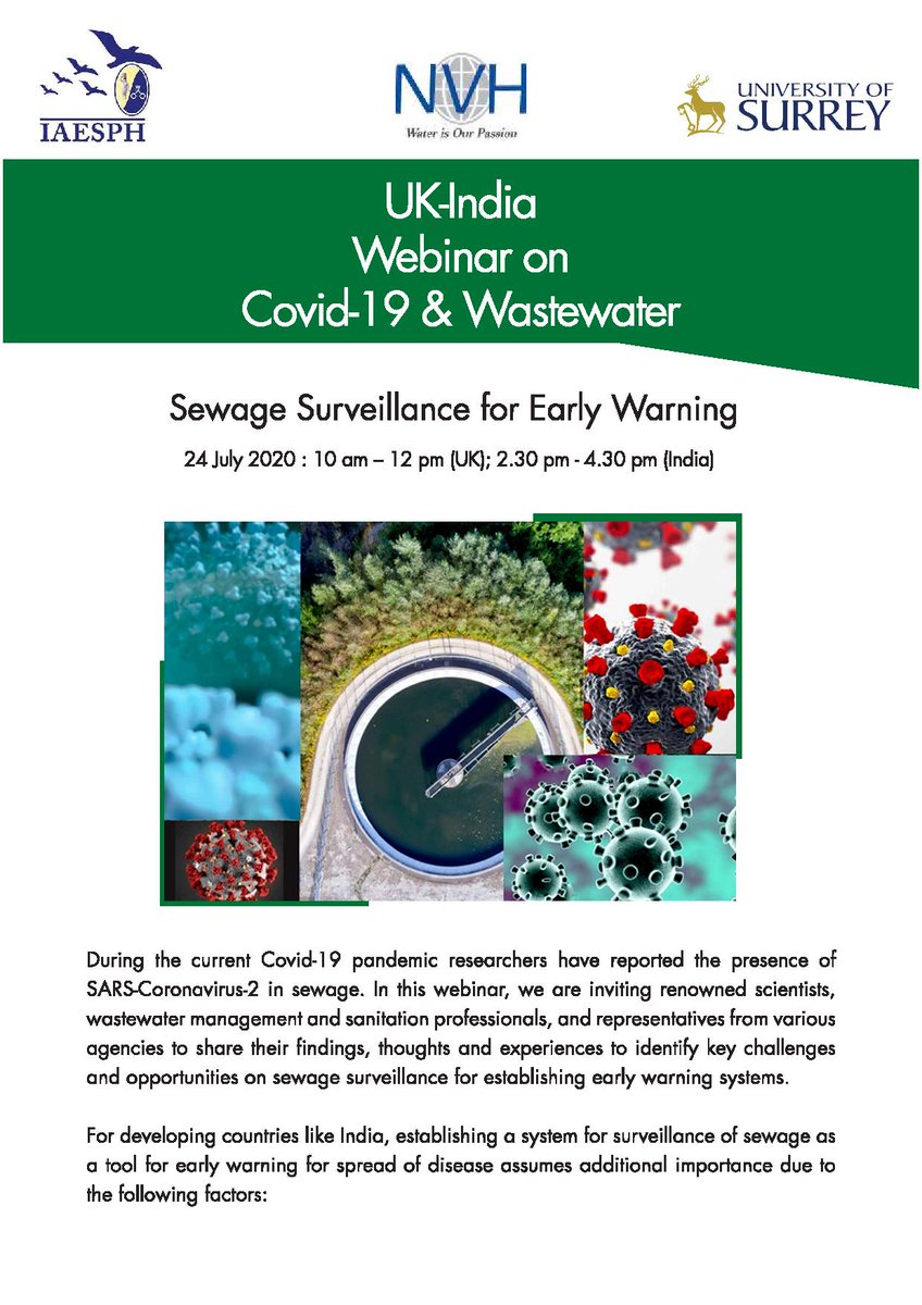 dpsaroj's tweet photo. UK-India Webinar on Covid-19 &amp; Wastewater: Sewage Surveillance for Early Warning
24 July 2020: 10 am – 12 pm (UK); 2.30 pm - 4.30 pm (India) https://t.co/hTr94KmFIV