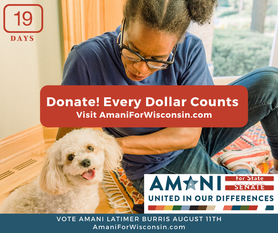 Amani4Wisconsin's tweet photo. 19 days to go!
Donate: https://t.co/b4Jyp2lDEn
Volunteer/Request a yard sign: https://t.co/gncP5UotGW
Learn more: https://t.co/Z0ZePJpoSI
#Vote2020 #VoteAugust11th #representationmatters #everydollarcounts #AmaniForWisconsin #WisconsinStateSenate https://t.co/FVlWPXHHw3