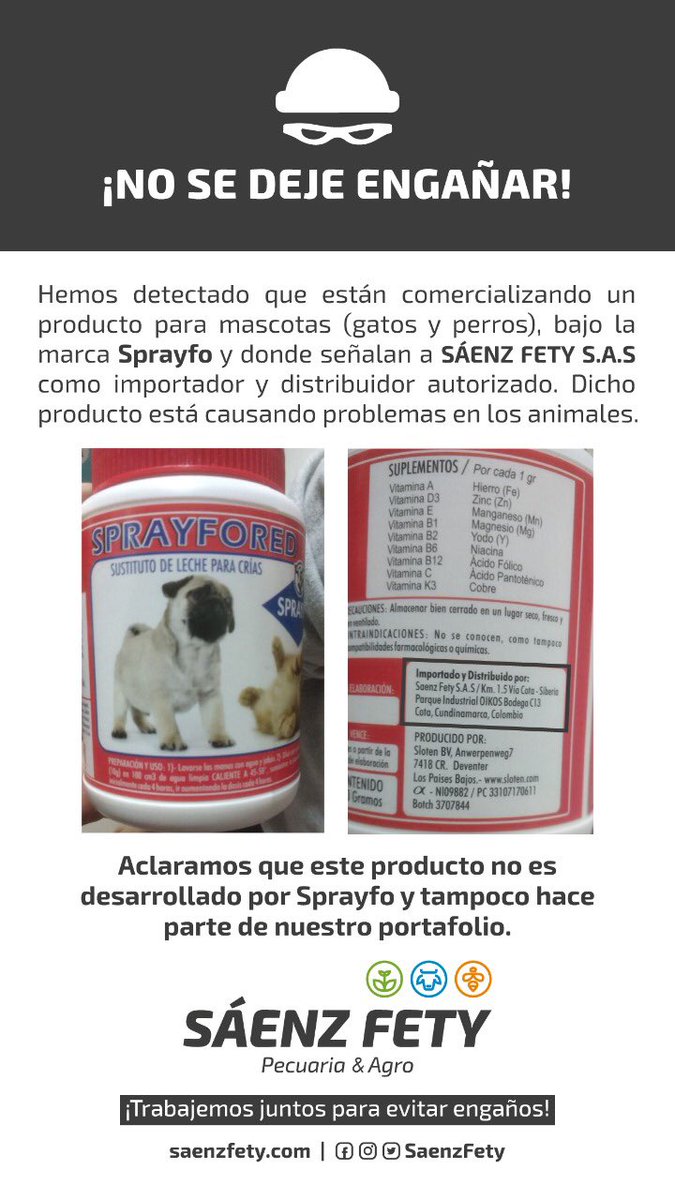 SaenzFety's tweet photo. Hemos detectado que están comercializando un producto para #mascotas bajo la marca #Sprayfo y donde señalan a #SáenzFety como importador y distribuidor autorizado. Dicho producto está ocasionando problemas en los animales. ¡Trabajemos juntos para evitar engaños! https://t.co/ua4V3qyG5p