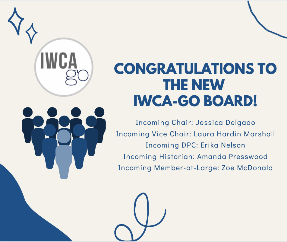iwcago's tweet photo. Thank you to everyone who participated in the recent IWCA-GO elections! We are happy to introduce our incoming board members:

Chair: Jessica Delgado
Vice Chair: Laura Hardin Marshall
DPC: Erika Nelson
Historian: Amanda Presswood
Member-at-Large: Zoe McDonald https://t.co/pJ1cC2F18s