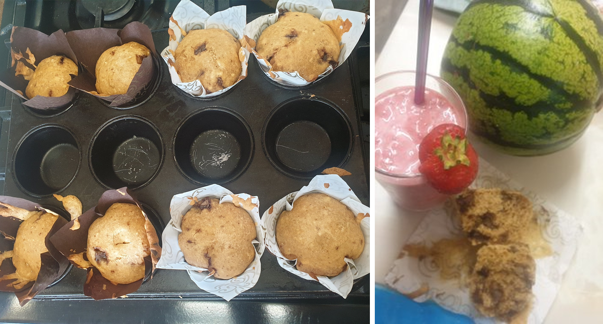 macdonj's tweet photo. Reo's beautiful low protein banana and chocolate muffins with home-made raspberry, strawberry, banana smoothie with water melon too! What a treat! Thank you @1990_stacie https://t.co/NPK8htlYfH