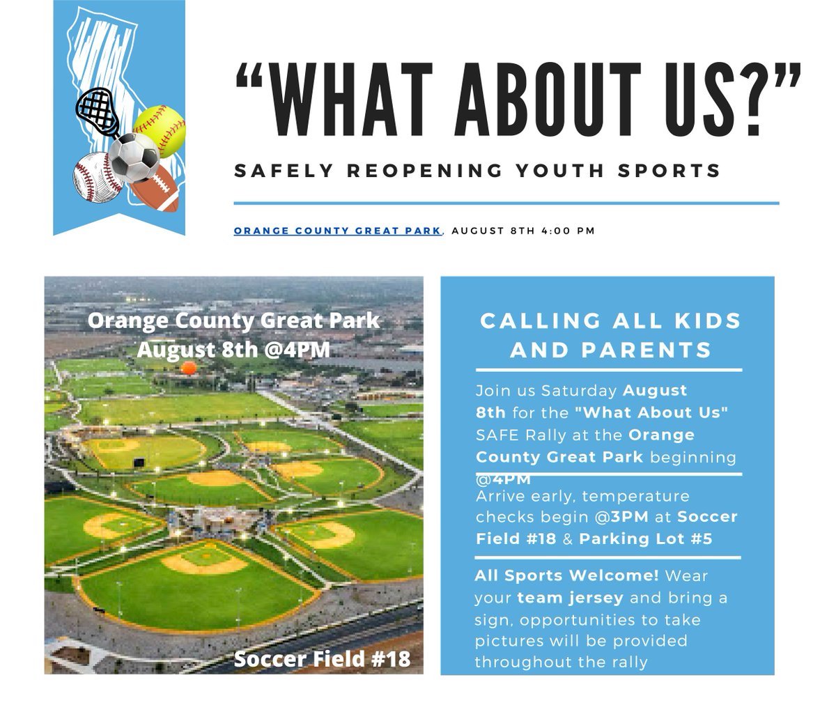 ourcitysc's tweet photo. What About Us?
Safely Reopening Youth Sports MEETING
🏟️ @orangecountygreatpark
📆Sat, Aug 8 @ 4pm

For the full pdf with more info &amp; links please go to:
https://t.co/g0DRnhXzLM https://t.co/dOmOrLOiVJ