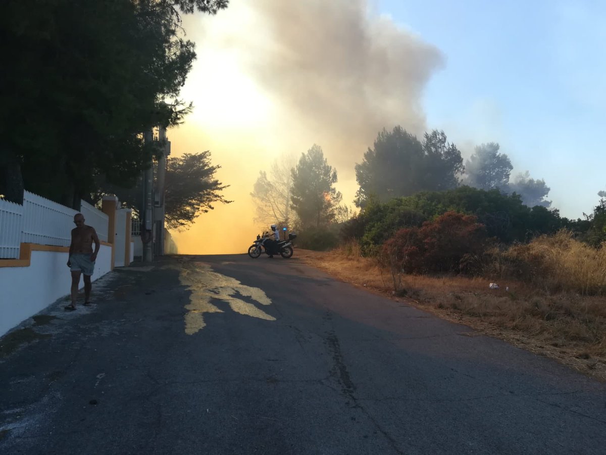 PLTaranto's tweet photo. Vasto incendio nella litoranea salentina sulla SP122 in prossimità del lido Tridakna a Marina di Pulsano, sempre in prima linea gli agenti della #polizialocale #taranto ed i motociclisti. https://t.co/kMfumemwla