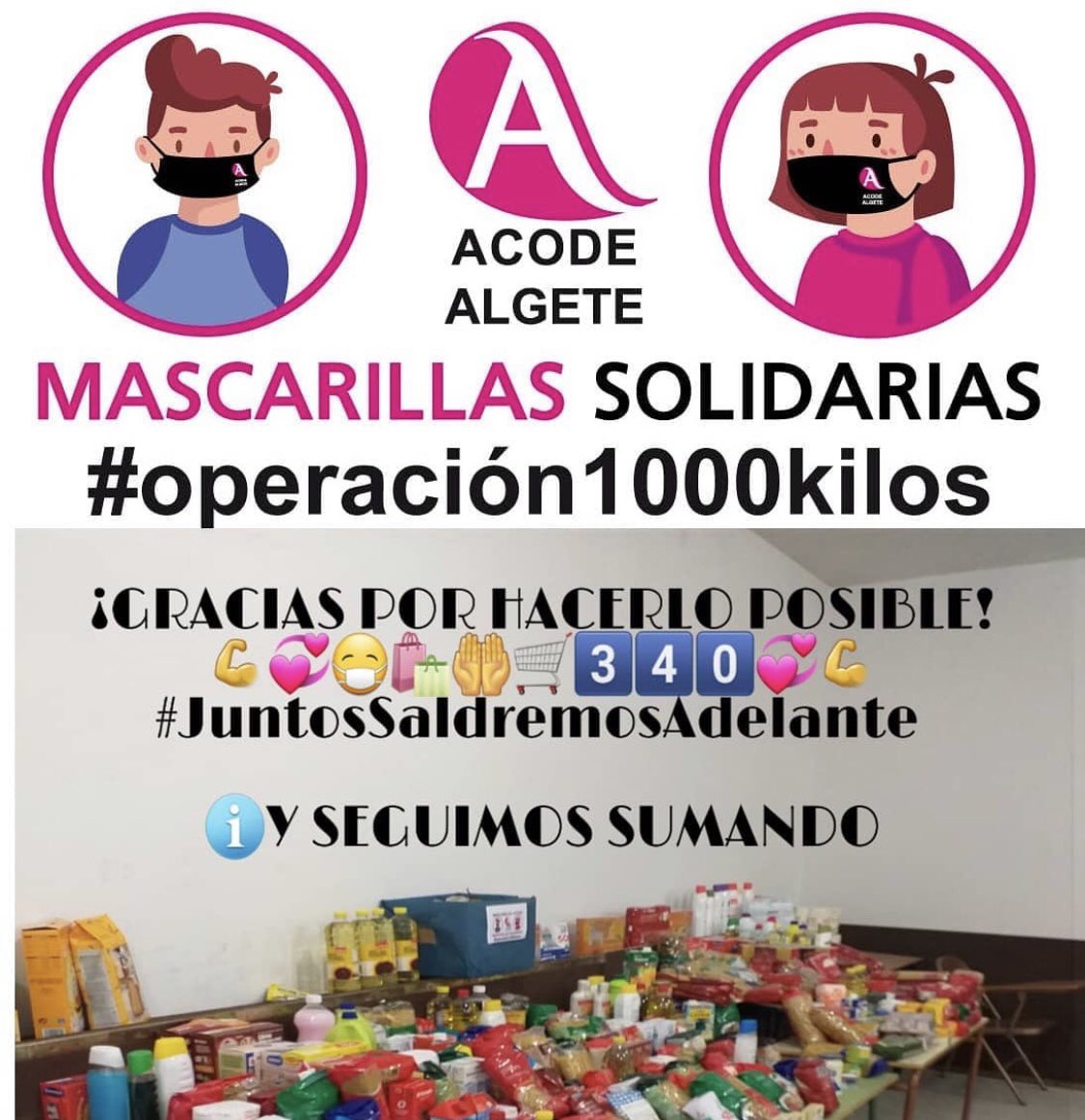 AlgeteACODE's tweet photo. 👋SOLO PODEMOS DECIR 
¡GRACIAS POR HACERLO POSIBLE!
💪3️⃣4️⃣0️⃣
.
Con tu generosa solidaridad sumamos 3️⃣4️⃣0️⃣ kilos que hemos entregado hoy a @CaritasAlgete 
Muchas gracias por colaborar con el reto #AcodeAlgeteSolidario #MascarillasSolidadrias #Reto1000kilos #AcodeAlgete https://t.co/TOnODwIUiI
