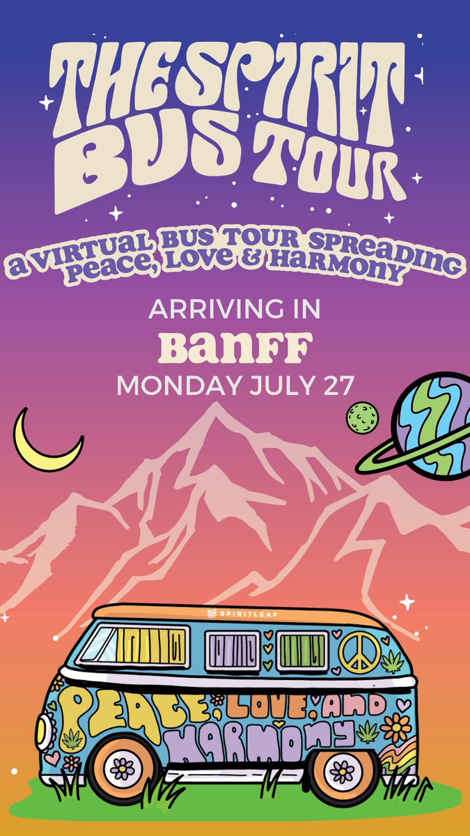 SpiritleafBanff's tweet photo. The @SpiritleafCA #Spiritbus Tour is arriving in #Banff on Monday July 27!
ππβπΌ
Enjoy LP pop-up sessions, discounts, *double* collective points, and get your paws on the limited edition Spiritbus pin! π #letsgoonatrip https://t.co/5DrhlR3j7B https://t.co/J8RrPCE6vm