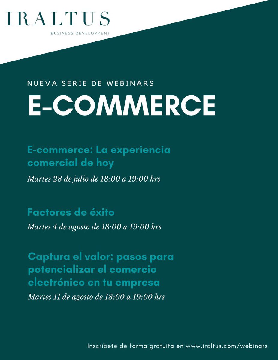iraltus's tweet photo. No te pierdas nuestra nueva serie de webinars en donde hablaremos del e-commerce!!! Inscríbete totalmente gratis!!

Inscríbete en https://t.co/92W5SUji8U

#iraltus #webinar #ecommerce #desarrollodenegocios https://t.co/ozIarSK5bz