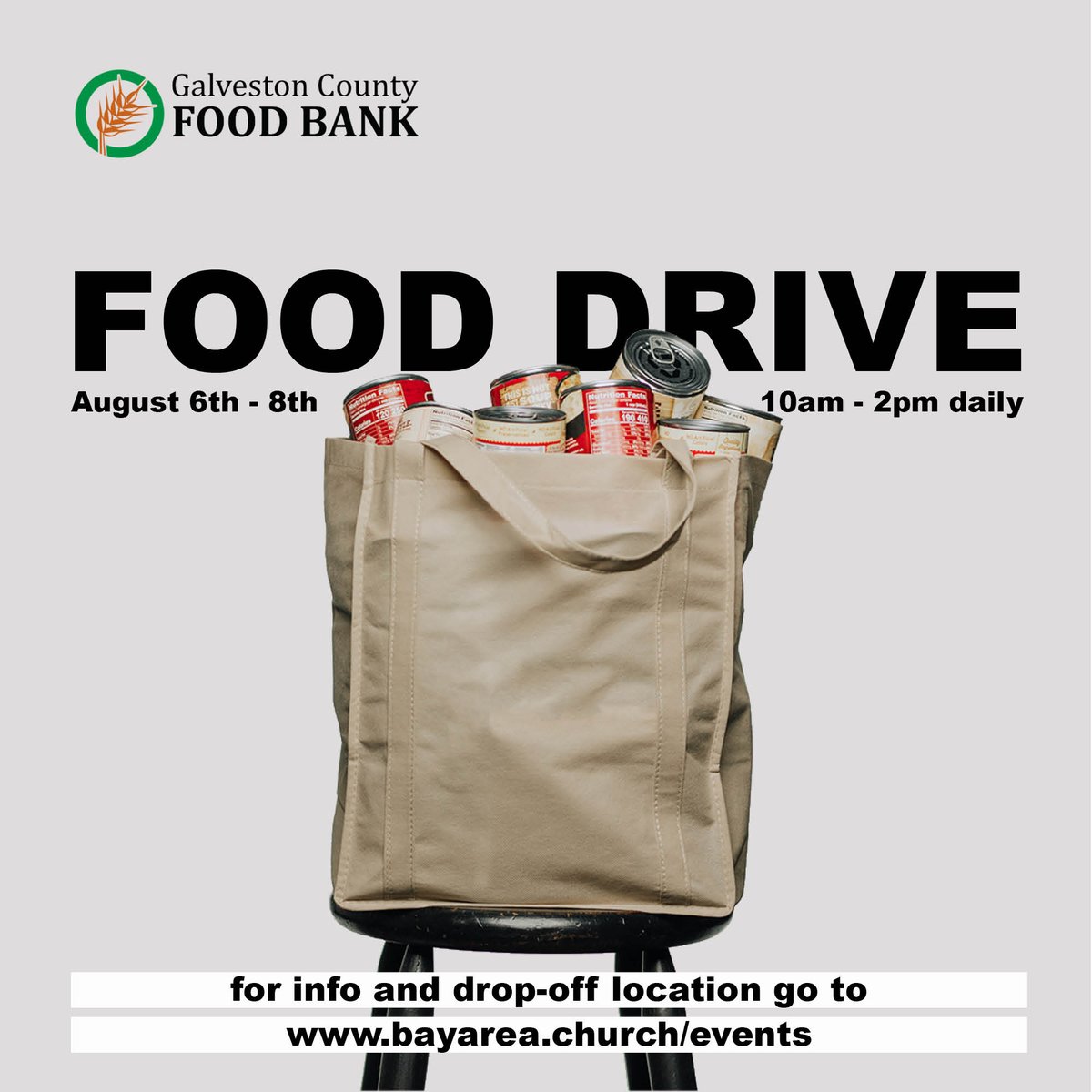 Help those in need August 6-8 by dropping off canned goods and supplies. No need to even get out of your car, we will have volunteers ready to grab your donations in front of the Student Center Cafe Entrance! Visit bayarea.church/events for info and desired donations list.