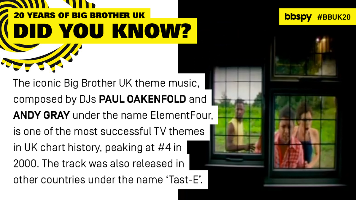 bbspy's tweet photo. The Big Brother UK theme song isn't just a timeless banger, it was also a chart hit - at home and around the world! #BBUK20 #BBUK #SaveBBUK https://t.co/PZM97qv5BS