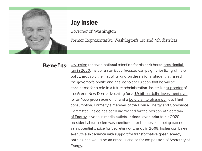 In order for the Department to play a crucial role in response to the climate crisis, Data for Progress recommends that Governor  @JayInslee, Representative and clean energy businessman  @RepAndyLevin, and Professor of Energy and former DoS Science Envoy  @Dan_Kammen be considered.