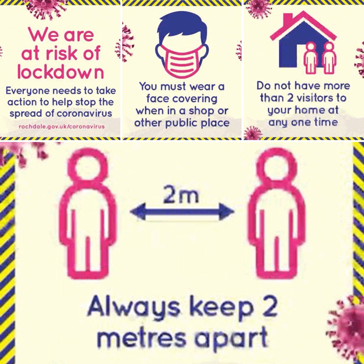 RochdaleCoM's tweet photo. ⚠️ WE’RE AT RISK OF LOCKDOWN ⚠️
So please...
☑️ Wear a Mask 😷
☑️ Limit visitors at home to 2 ppl 👨👦
☑️ Keep 2m apart at all times ↔️
☑️ Avoid physical contact with others inc shaking hands/hugging 🚷
☑️ Get tested
📖 PICK UP A LEAFLET AT THE MOSQUE
#sharetheadvice #notthevirus https://t.co/2K4665LDrG