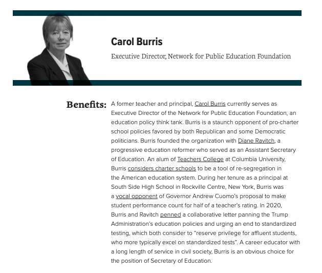 For the position of Secretary of Education, Data for Progress recommends that NPEF Director  @CarolBurris, former NJ Sec. of Higher Education  @SecSmithEllis, Arizona State Superintendent  @KathyHoffman_AZ, NEA President  @Lily_NEA, and AFT President  @rweingarten be considered.