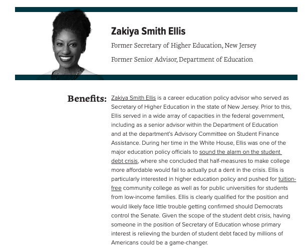 For the position of Secretary of Education, Data for Progress recommends that NPEF Director  @CarolBurris, former NJ Sec. of Higher Education  @SecSmithEllis, Arizona State Superintendent  @KathyHoffman_AZ, NEA President  @Lily_NEA, and AFT President  @rweingarten be considered.