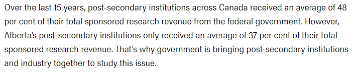 1) Alberta post-secondaries rely less on federal dollars than institutions in the rest of the country. Is this a problem? If so, is the answer to pull provincial funding, and then call on the federal government to fill the gap?