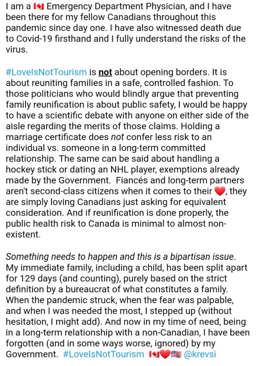 krevsi's tweet photo. @miss_sarah_c @JohnNaterMP Thank you @JohnNaterMP !!
I am a 🇨🇦 ED Physician
⬇️ Please see my story below ⬇️

@JustinTrudeau @marcomendicino @BillBlair @cafreeland @DeputyPM_Canada @PattyHajdu
@CBCNews @CTVNews @globeandmail 

Feel free to RT to share, or DM for details
#LoveIsNotTourism #LoveIsEssential https://t.co/vzgx2WnUtx