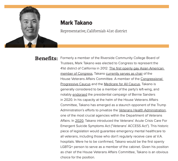 Data for Progress recommends that Rep. and VA Committee chair  @MarkTakano, former  @PNHP President and longtime VA official  @CarolynClancyMD, former Asst. CFPB Director ( @CFPBMilitary) Holly Petraeus, and  @SenDuckworth be considered for Secretary of Veterans Affairs.