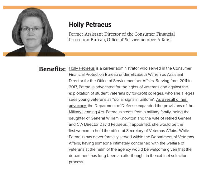 Data for Progress recommends that Rep. and VA Committee chair  @MarkTakano, former  @PNHP President and longtime VA official  @CarolynClancyMD, former Asst. CFPB Director ( @CFPBMilitary) Holly Petraeus, and  @SenDuckworth be considered for Secretary of Veterans Affairs.