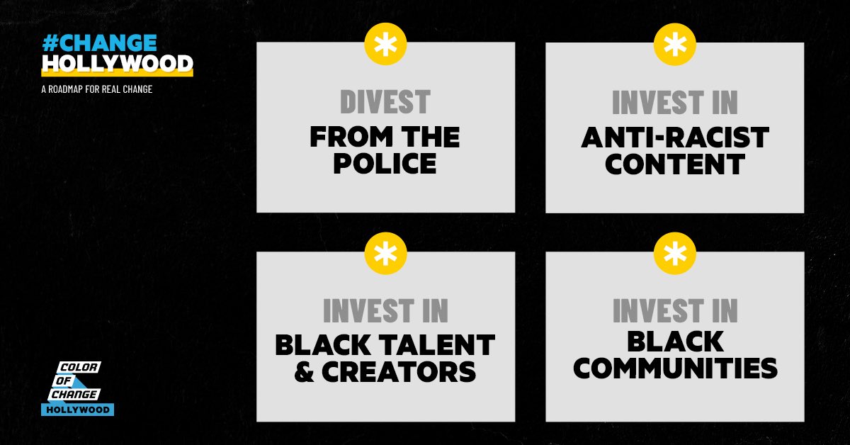 Power moves only. Answer the calls with commitments to  #ChangeHollywood: 1. Divest from Police 2. Invest in Anti-Racist Content  3. Invest in Black Talent & Careers 4. Invest in Black CommunitiesAnd to US: Commitments are coming. Keep the faith. Keep organizing.