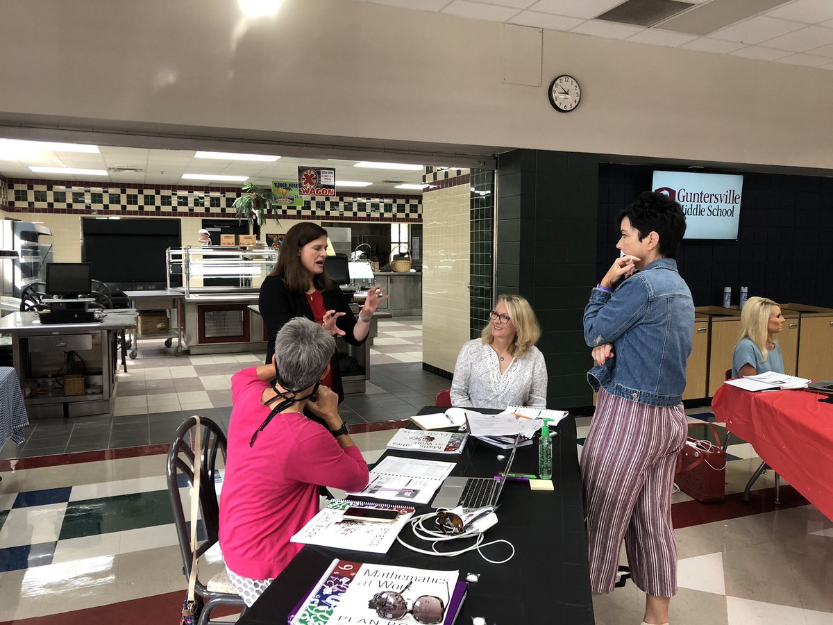 PaigeDannelley's tweet photo. What a really, really good day.  Math teachers &amp; @SSchuhl make a beautiful combination.  Our @AmstiUAH friends came &amp; added to our collaboration.  Our people are working SO HARD to get better. Essential standards, unit plans, &amp; common formative assessments.  I loved today. https://t.co/gBajbYeITH