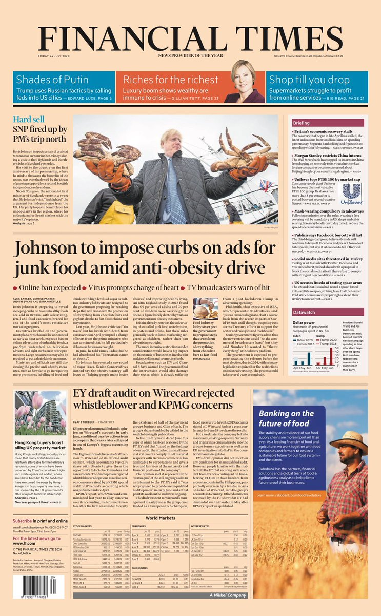 BBCNews's tweet photo. Friday's FT: "Johnson to impose curbs on ads for junk food amid anti-obesity drive" (via @hendopolis) #TomorrowsPapersToday #BBCPapers https://t.co/BOvPJoQoRg